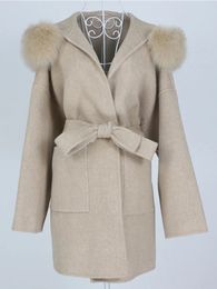 Women's Wool Blends OFTBUY Oversize Loose Cashmere Real Fur Coat Winter Jacket Women Natural Collar Hood Outerwear Belt 231031