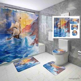 Shower Curtains Pcs Oil Painting Shower Curtain Sets with Non-Slip Rugs Mat Ships Sailing Waterproof Shower Curtain Set R231101