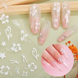 Flower Nail Art Stickers Decals White Flower Nail Stickers 5D Embossed Acrylic Engraved Nail Decals 6PCS Pink White