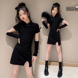 Girl Dresses Split Short Sleeve Dress Children's Chinese Style Elegant Slim Street Asymmetric Trendy Teenage Black Mini Summer Cool