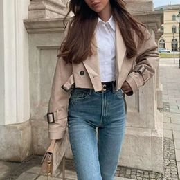 Women's Jacket Bomber with Belt Oversized Cropped Trench Coats Design Chic Lady High Street Waistband Denim Short Motorcycle Coat 231031