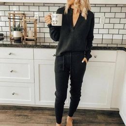 Women's Two Piece Pants Lugentolo Suit Women Leisure Home Pit Strip Long Sleeve V Neck Full Lace-up Mid Waist Pencil