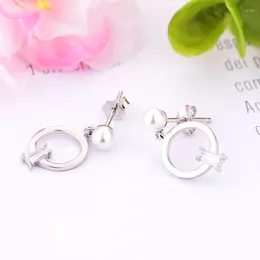 Stud Earrings 925 Silver Circle Shape Pendant White Simulated Pearl Earring Mujer Women Brinco Ear Pendientes 2023 Boucle Oorbellen