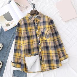 Women's Blouses Vintage Plaid Shirt With Velvet Autumn And Winter Loose Long Sleeved Undershirt Coat Travel Jacket Pullover Fleece