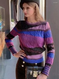 Women's Sweaters Dinboa-2023 High Quality Crew Neck Knitted Sweater Contrast Colour Gold Thread Pullover B-081