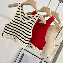 New Spring Summer Women's Knit Vest T Shirts Striped Letter Print Sleeveless Tops Tees Lady Casual Fashion Knitted Crop Tank