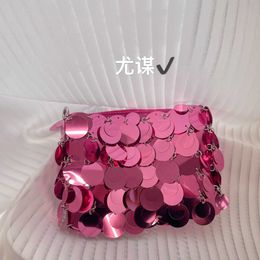 Rosette Shiny Lingering Sequin Bead Bag Handwoven Metal Chain Mobile Phone Small Square Bag Underarm Crossbody Bag 230401