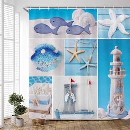 Shower Curtains Decor Shower Curtain Extra Long Coastal Sea Shell Fishing Net Lighthouse Ocean Beach Fabric Bathroom Decor Set