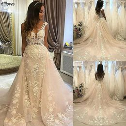 Bohemian Lace Country Mermaid Wedding Dresses With Detchable Train Sheer Neck Cap Sleeves Vintage Bridal Gowns Arabic Aso Ebi Plus Size Vestidos De Novia CL2865