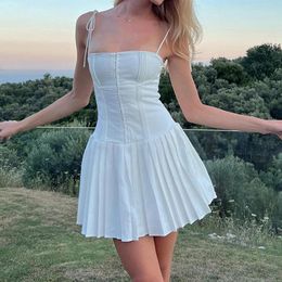 Casual Dresses French Vintage Pleated White Dress Women Pin Up Backless Sexy Tie Sundress Sling Beach Party Chic Retro Mini