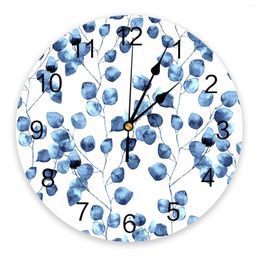 Wall Clocks Blue Watercolour Leaves Clock Silent Digital For Home Bedroom Kitchen Decoration Hanging Watch