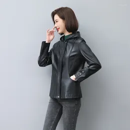 Women's Leather S-4XL Motorcycle Coat Women Autumn 2023 Jacket Short Slim Spring Hooded Female Clothing Black Fashion