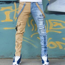 Men's Jeans Khaki Denim Blue Personalised Color-blocking Washed Jeans Men's Straight Pants Zipper Tooling 231101
