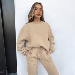 Women's Two Piece Pants 2023 Europe And The United States Women's Solid Color Loose Hoodie Draw Rope Bundle Feet Trousers Suit Female