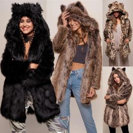 Women's Fur & Faux Imitation Coat 2023 Winter Dress Lovely Hat Medium Long Leopard
