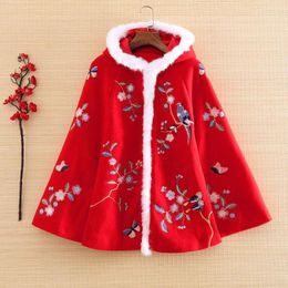 Ethnic Clothing High-end Year Women Wool Parka Outerwear Hair Retro Embroidery Magpie Elegant Loose Lady Cloak Coat Female Tops S-2XL