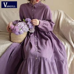 Casual Dresses Vangull Fashion Purple Corduroy Dress WomenLong Sleeve Belt Loose Female Turn-down Collar Single Breasted Lady