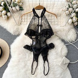 Nxy Sexy Lace Rompers Women Chinese Style Blackless Slim Playsuits Cheongsam Transparent Sensual Mesh Bodysuits 230328