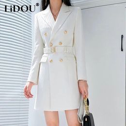 Casual Dresses Spring Autumn Women's Elegant Fashion Waist Belt Blazers Dress Female Vocation Buttons Slim Robe Office Lady Vestidos De