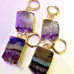 Dangle Earrings Raw Purple Amethyst Druzy Stone For Female Cute Jewelry Gold Plated Crystal Stones Slice Carve Rectangle Natural