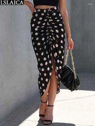 Skirts Fashion Womens Clothing Pleated Sexy Skirt Slim Summer 2023 Novelties Chic Polka Dot Print Drawstring Elastic Waist Midi