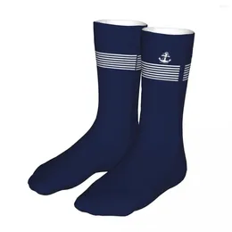 Men's Socks Funny Nautical Navy Blue Stripes And White Anchor Women 2023 Men Sports