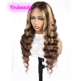 Brazilian Peruvian Indian Raw Virgin Human Hair 13*4 Lace Front Wig T-part 4X4 Wigs P4/27 Piano Colour 12-32inch Loose Deep Curly