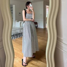Casual Dresses Women's Summer Folds Long Striped Tank Dress Elastic Bust Slim Waist Sleeveless A-line Midi Sundress Bow Tie Strap