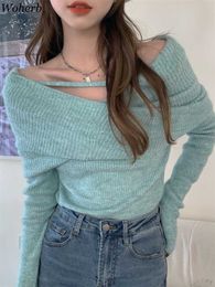 Woherb Y2k Sexy Girl Off Shoulder Long Sleeve Sweater Women Korean Chic Slim Knitted Cross Pullover 2023 New Fashion Jumpers P230331