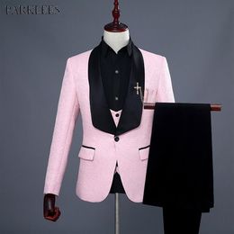 Mens One Button Shawl Lapel Floral Jacquard 3 Pcs Suits 2019 Brand New Wedding Groom Prom Tuxedo Suit Men Terno Masculino Pink227r