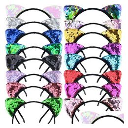 Headbands Korean Cross Border Headbands Bowknot Animal Double Sided Sequins Cat Ear Hair Band Womens Party Fabric Headwear Drop Delive Dhfts