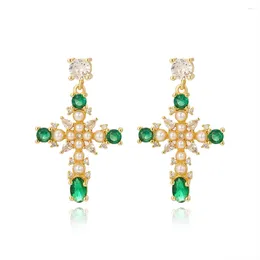 Stud Earrings Top Quality Green Cross Gold Color Micro Pave CZ Delicate Fashion Drop Women Girls Fine Party Jewelry Gift