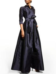 Elegant Long Taffeta Navy Blue Mother of the Bride Dresses With Bow/Pockets A-Line V-Neck Floor Length Mom of The Groom Dress Godmother Dress for Women