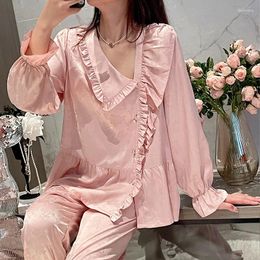 Women's Sleepwear Women Sweet Ruffle Doll Collar Trouser Suit Satin Jacquard Pyjamas Set Loose Nightwear Spring Autumn Home Wear