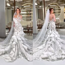 Graceful One Shoulder Mermaid Wedding Dresses Lace Tiered Ruffles Bridal Gown Custom Made Appliques Illusion Wedding Gowns