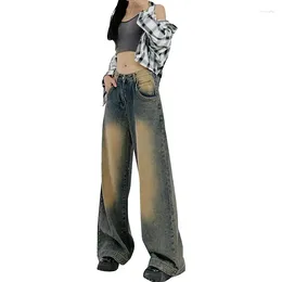 Women's Jeans Blue Vintage Denim 90S Girl Y2K Design High Street Pants Waist Loose Straight Leg Wide Floor Sweeping