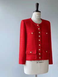 Spring Red Solid Colour Panelled Tweed Jacket Long Sleeve Round Neck Double Pockets Single-Breasted Jackets Coat Short Outwear A2N246386