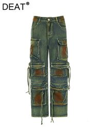 Women s Jeans DEAT Women Denim Pants Wash Gradient Tie dye Green Multiple Pocket Retro Loose Full Length 2023 Autumn Fashion 29L3410 231101