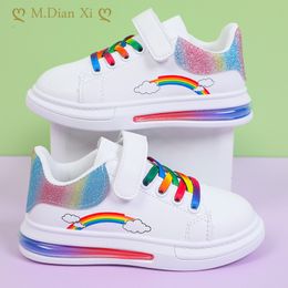 Sneakers Kids Fashion Sneakers Rainbow Colourful Girls White Casual Shoes Pu Leather Wiith Air Cushion Sole Hook-loop Autunm Sneakers 230331