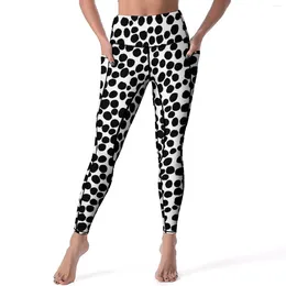 Active Pants Dalmatian Print Leggings Animal Dots Workout Yoga High Waist Retro Sports Tights Pockets Quick-Dry Graphic Legging