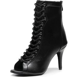 Dance Shoes Woman Black Brown Latin Jazz Dance Shoes Open Toe High Heel Stiletto Bootie Girls Slim Heel 8.5cm/10cm Lace Up Dance Boots 231101