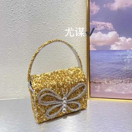 French Fairy Shiny Stupid Broken Stone Bow Small Square Bag Evening Party Box Bag Handheld Bag Girl 230401