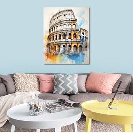 World Famous Building Roman Colosseum Modern Colourful Pencil Script Art Canvas Print Picture Poster for Bedroom Wall Decor