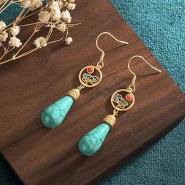 Dangle Earrings Turquoise Water Drop Natural Gemstones Jewellery Carved Amulets Fashion Women Luxury Stone Charm 925 Silver Jade