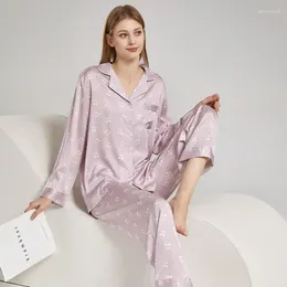 Women's Sleepwear Summer Ladies Cool Feeling Pink/white Cherry Print Loose Ice Silk Pyjama Suit Long-Sleeved Home Clothes