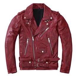 Men's Leather Faux Sheepskin Red Motorcycle Jacket Korean Style Slim Fit Biker Rider Genuine Clothes Oblique Zipper Coat Male 231031