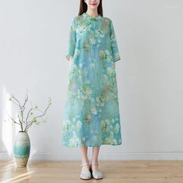 Party Dresses Stand Collar Beading Vintage Chinese Style Dress Robe Cheongsam Thin Soft Cotton Blend Loose Fashion Women Casual Summer