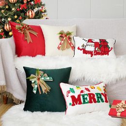 Pillow Christmas Decorative Cover Bowknot Letter Green Red Pillowcase Cotton Square Embroidery 45x45cm