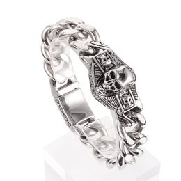 Mens Bracelet Halloween Carnival Skull Shield Cuban Chain Stainless Steel Bangle 16mm 8.26inch 115g Weight Silver
