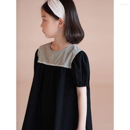 Girl Dresses Korean Retro Girls Dress Summer Children Short Sleeve Casual Princess Black Colour Kids Clothes